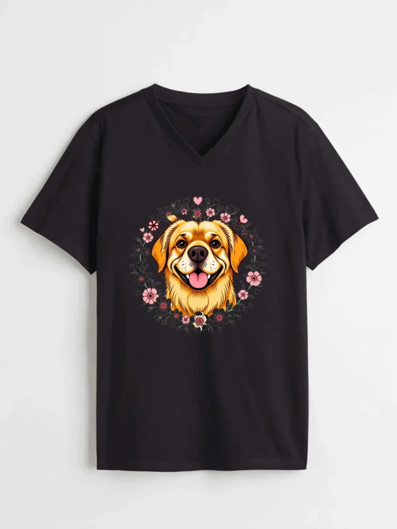 Cute Golden Retriever Surrounded By Heart Flowers T-Shirt - Image 2