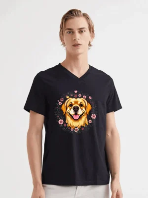 Cute Golden Retriever Surrounded By Heart Flowers T-Shirt