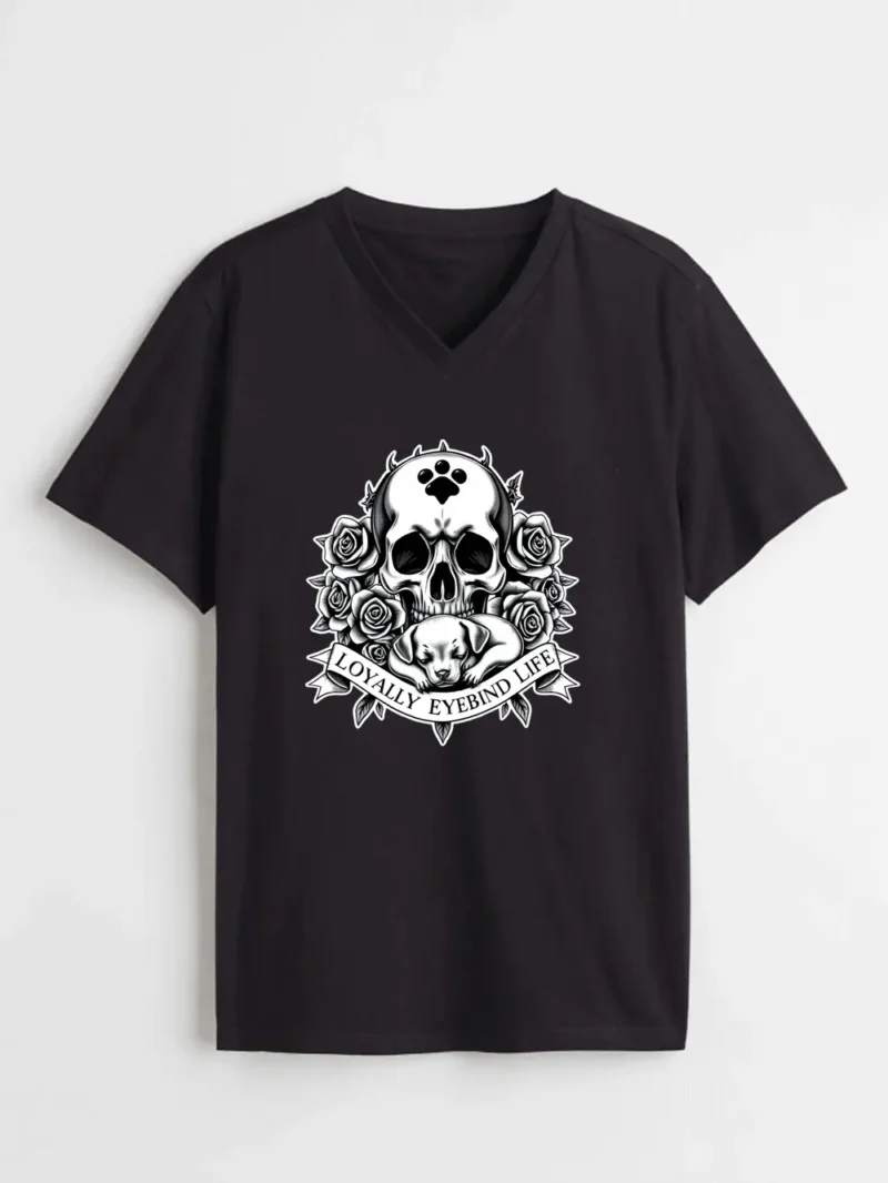 Skull And Puppy Loyalty Tattoo Style Graphic T-Shirt - Image 2