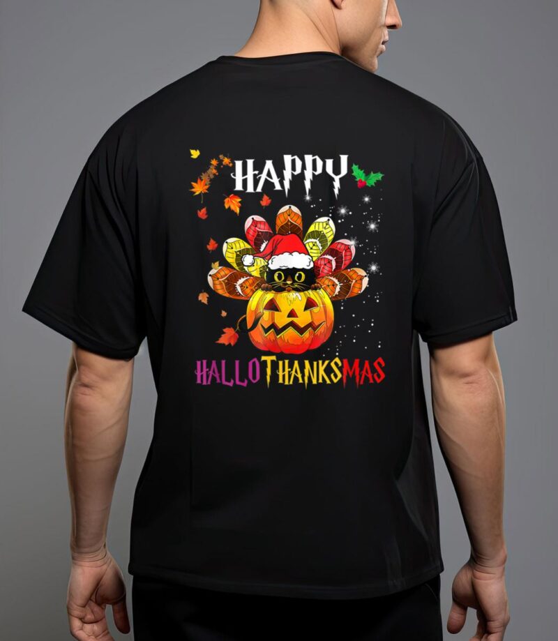 Black cat halloween and merry christmas happy hallothanksmas t-shirt T-Shirt
