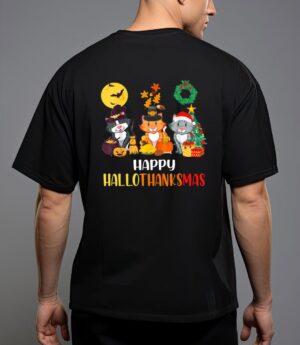Cat halloween christmas happy hallothanksmas thanksgiving t-shirt T-Shirt
