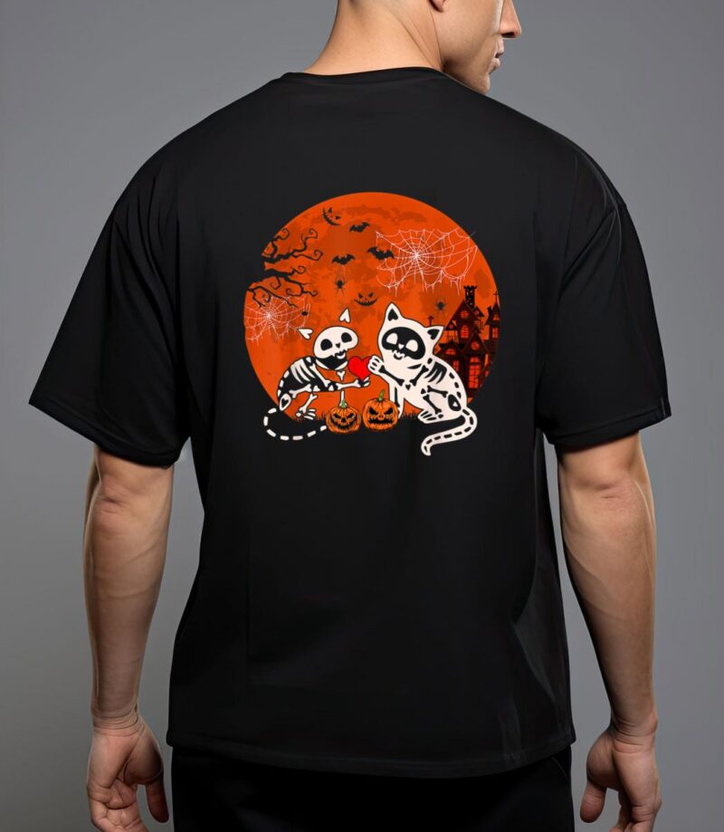 Couple skeleton horror cats halloween couple cat owner lover t-shirt T-Shirt