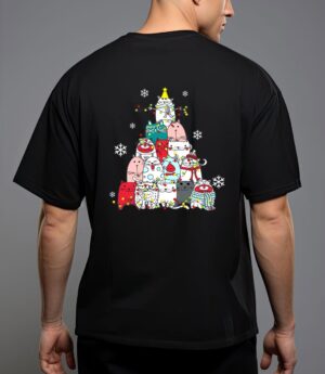 Cute cat christmas tree lights snow xmas pajama cat lover t-shirt T-Shirt