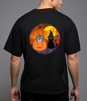 Cute halloween cat scene witch pumpkin bat full moon t-shirt T-Shirt