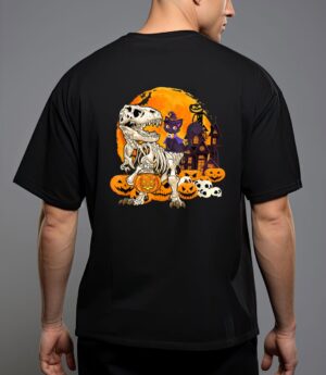 Dinosaur skeleton pumpkin with moon halloween cat witchy t-shirt T-Shirt