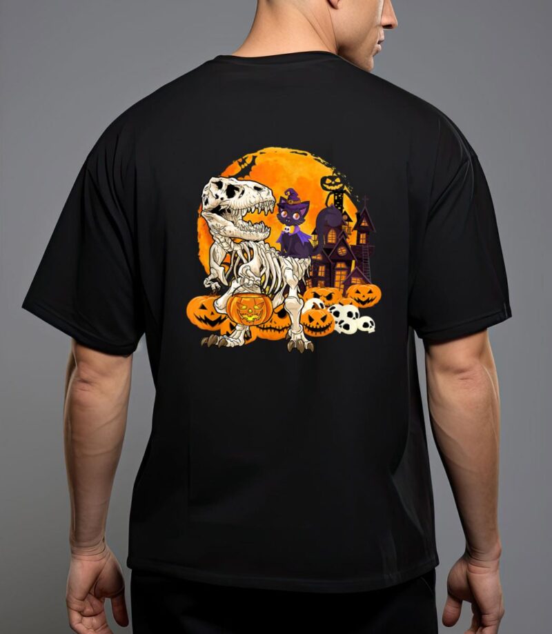 Dinosaur skeleton pumpkin with moon halloween cat witchy t-shirt T-Shirt
