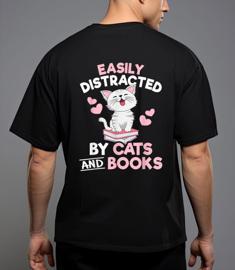 Easily distracted by cats and books cute cat book lover t-shirt T-Shirt