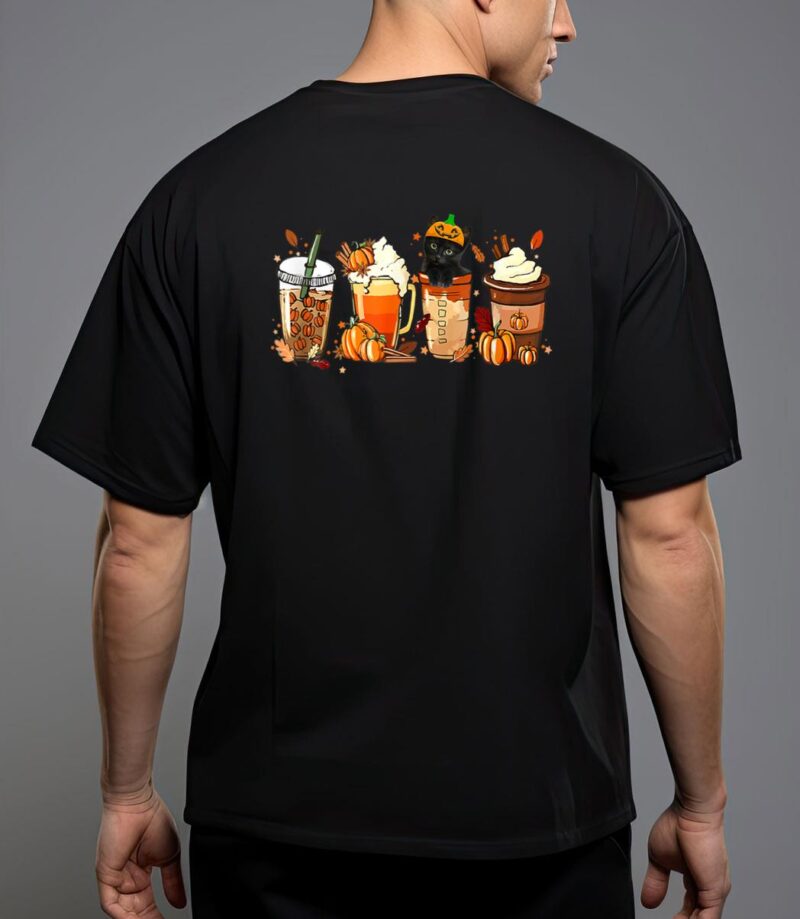 Fall coffee pumpkin spice latte iced autumn black cat t-shirt T-Shirt