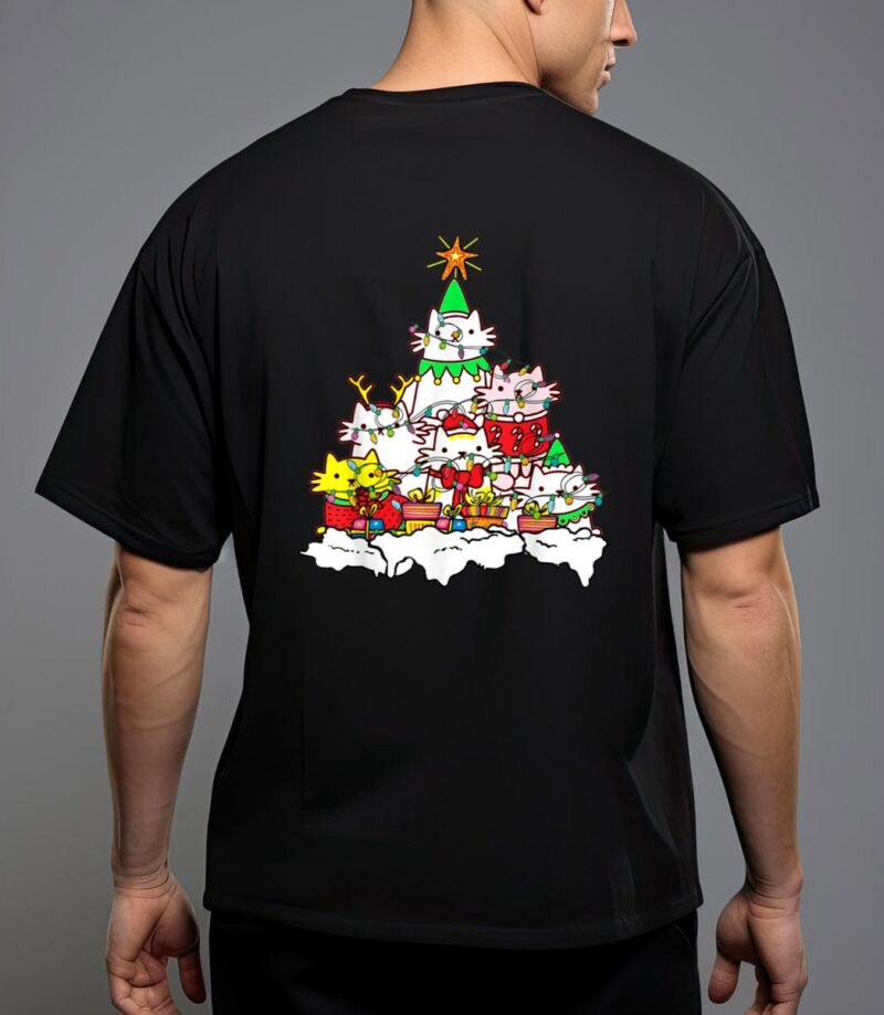 Funny cat christmas tree lights costume matching pajama gift t-shirt T-Shirt