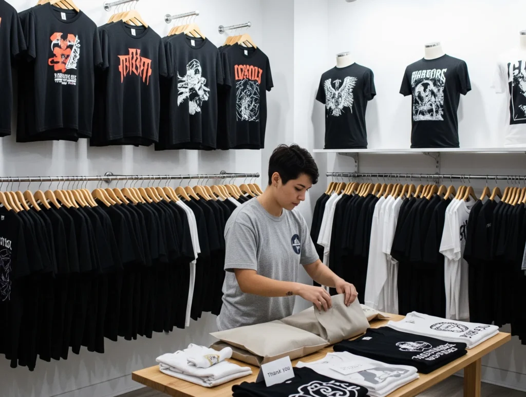 A stylish, urban t-shirt shop with rows of black and graphic tees hanging neatly on wooden hangers
