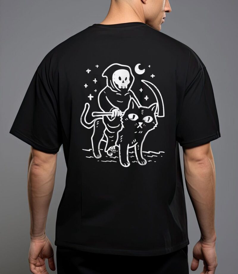 Grim reaper riding cat moon funny death halloween costume t-shirt T-Shirt