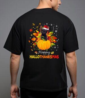 Happy hallothanksmas cat halloween thanksgiving christmas t-shirt T-Shirt