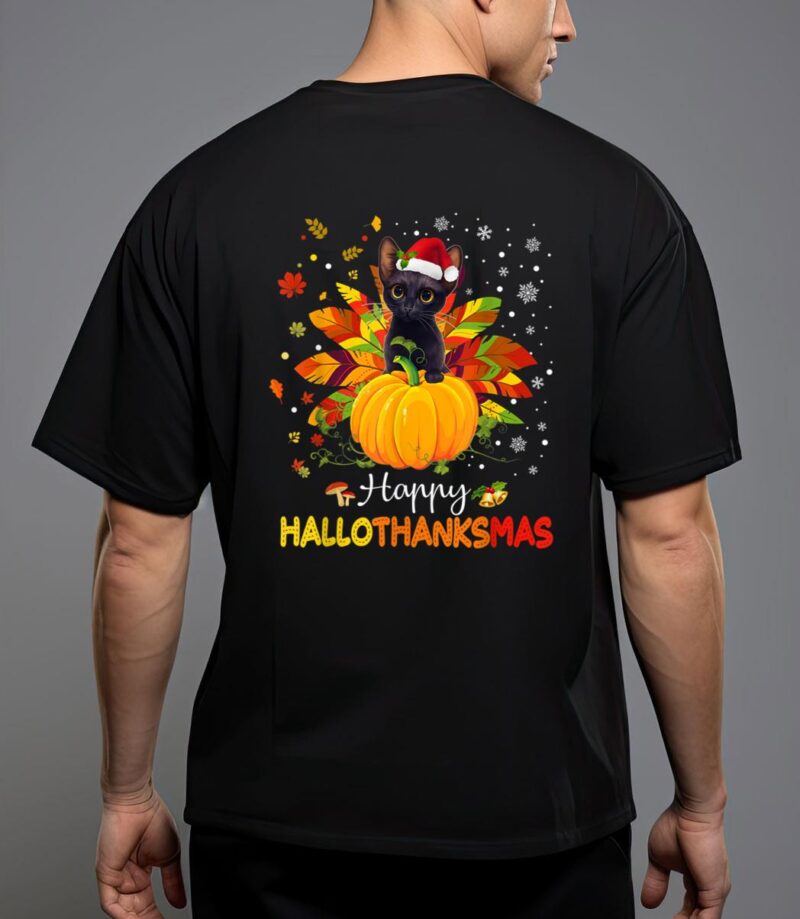 Happy hallothanksmas cat halloween thanksgiving christmas t-shirt T-Shirt