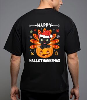 Happy hallothanksmas cat turkey cat thanksgiving christmas t-shirt T-Shirt