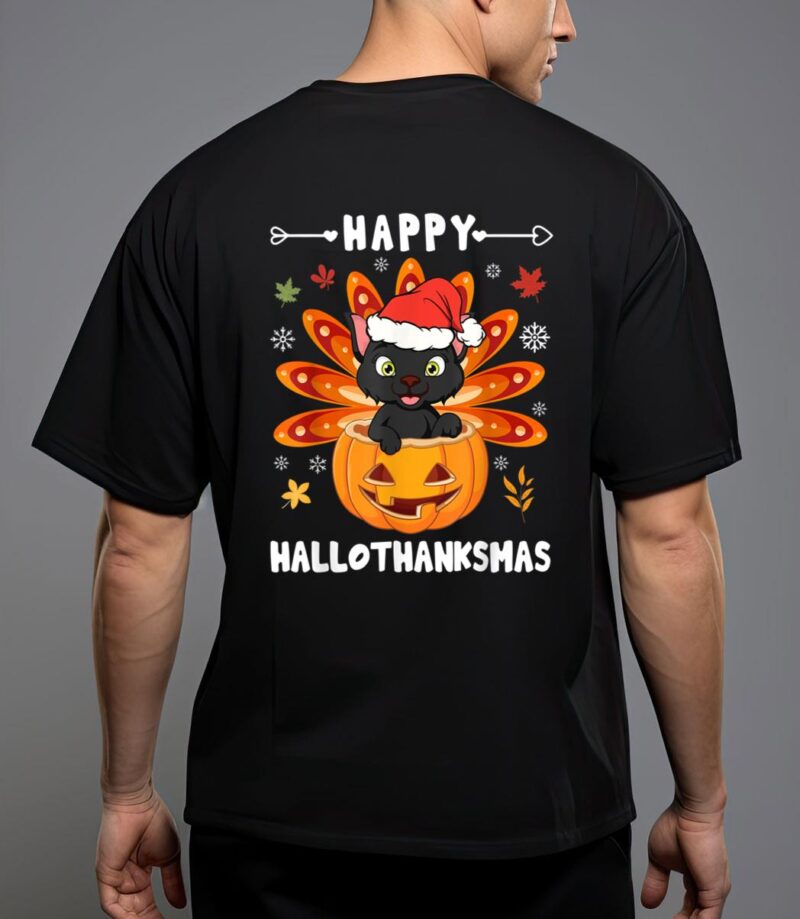 Happy hallothanksmas cat turkey cat thanksgiving christmas t-shirt T-Shirt