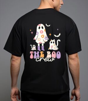 He boo crew spooky season ghost cat halloween groovy retro t-shirt T-Shirt
