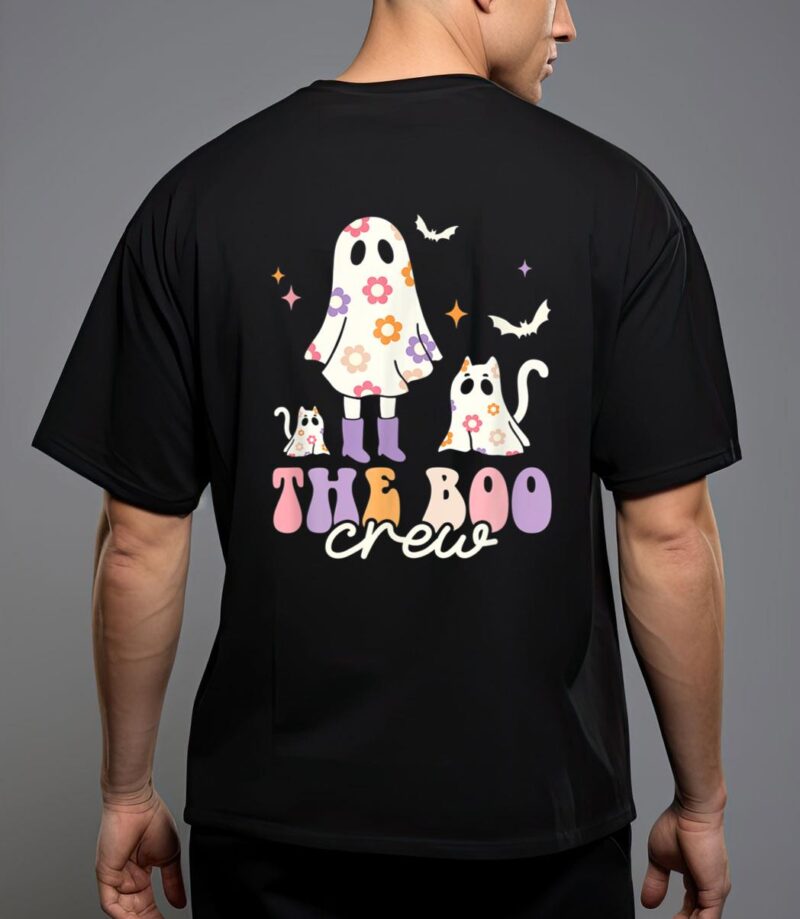 He boo crew spooky season ghost cat halloween groovy retro t-shirt T-Shirt