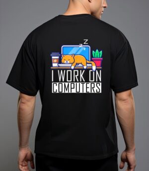 I work on computers funny cat lovers coding programming t-shirt T-Shirt