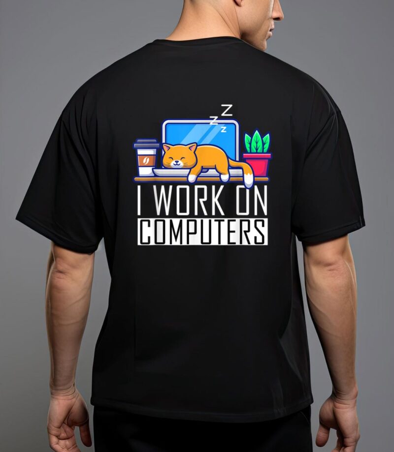I work on computers funny cat lovers coding programming t-shirt T-Shirt