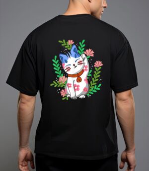 Maneki neko lucky japanese cat floral botanical t-shirt T-Shirt