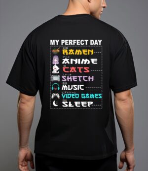 My perfect day anime ramen sketch cat music video game sleep t-shirt T-Shirt