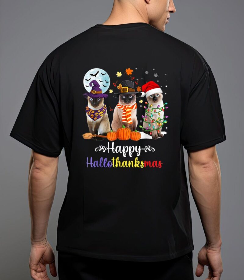 Siamese cat halloween merry christmas happy hallothanksmas t-shirt T-Shirt