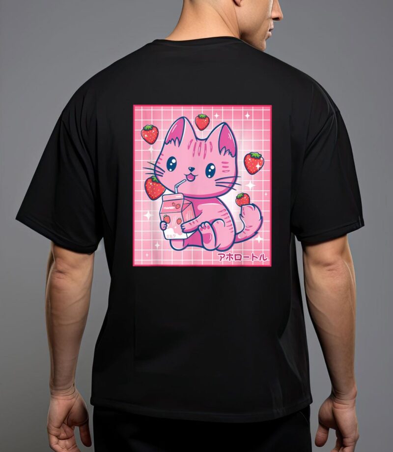 Strawberry shake strawberry milk cat kawaii neko girls anime t-shirt T-Shirt
