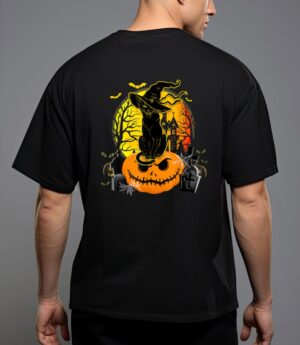 Vintage black cat witch scary halloween costume kids boys t-shirt T-Shirt